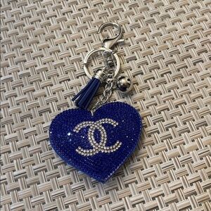 CHANEL CC Pink Crystal Heart Key Holder bag charm blue and silver puffed heart